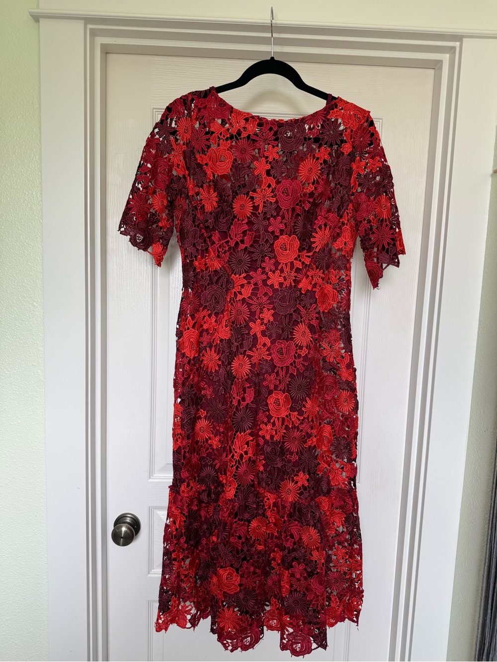 Eva Franco Red and Burgundy Floral Lace Midi Dress
